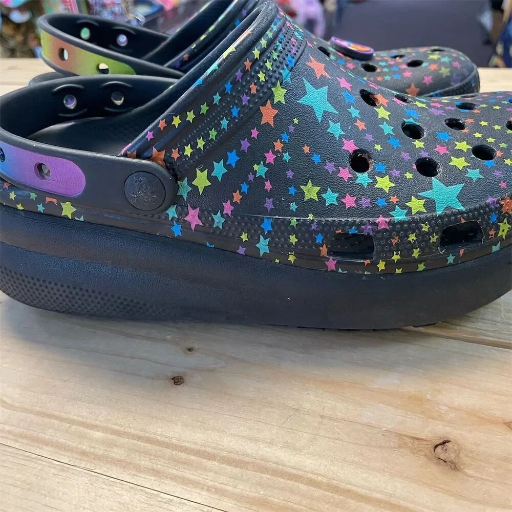 Crocs Cutie Crush Disco Dance Party Platform Clogs Kids Black Multi Stars 6‎